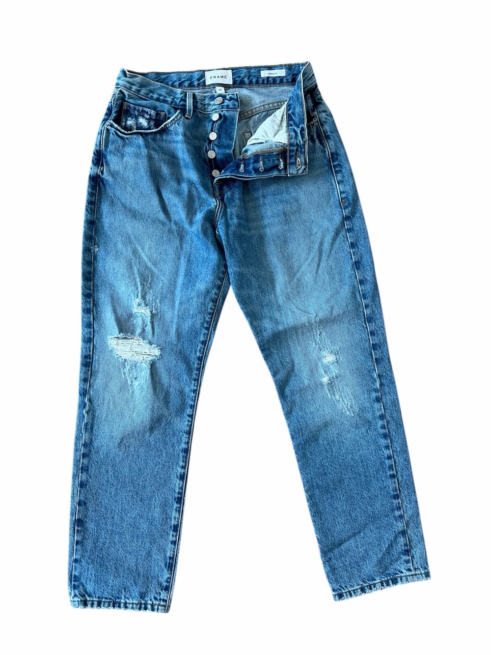 Frame Le Original Jeans Women size 28 Blue Denim Ankle Crop Button Fly Distresse